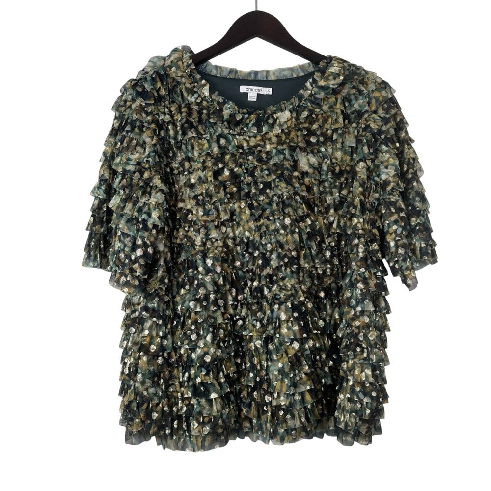 Chico's 2 Foiled Mesh Ruffle Crop Tee Women's Large Darkest Spruce Green Sparkle